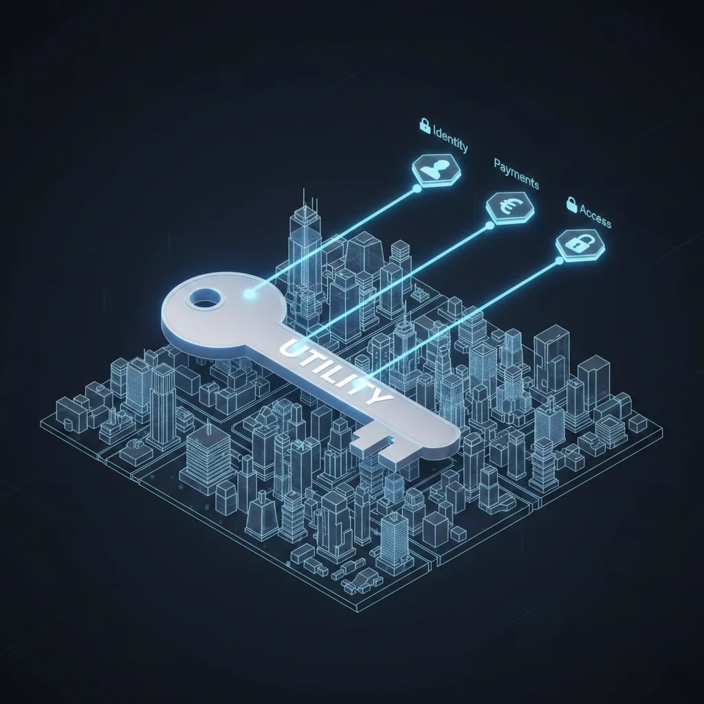 3D isometric illustration of a blockchain utility token acting as a functional key for decentralized architecture and access control.