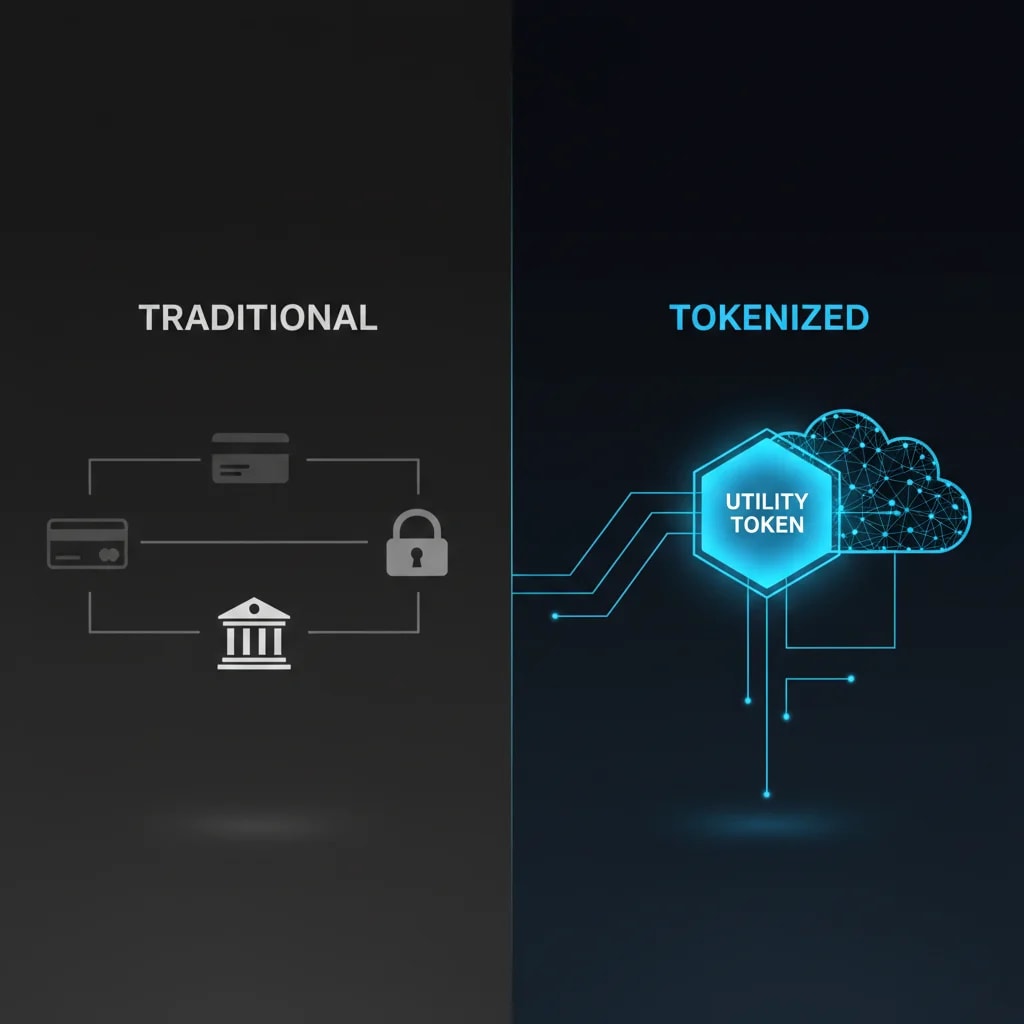 Infographic comparing traditional centralized payment models with decentralized utility token economic layers in blockchain apps.