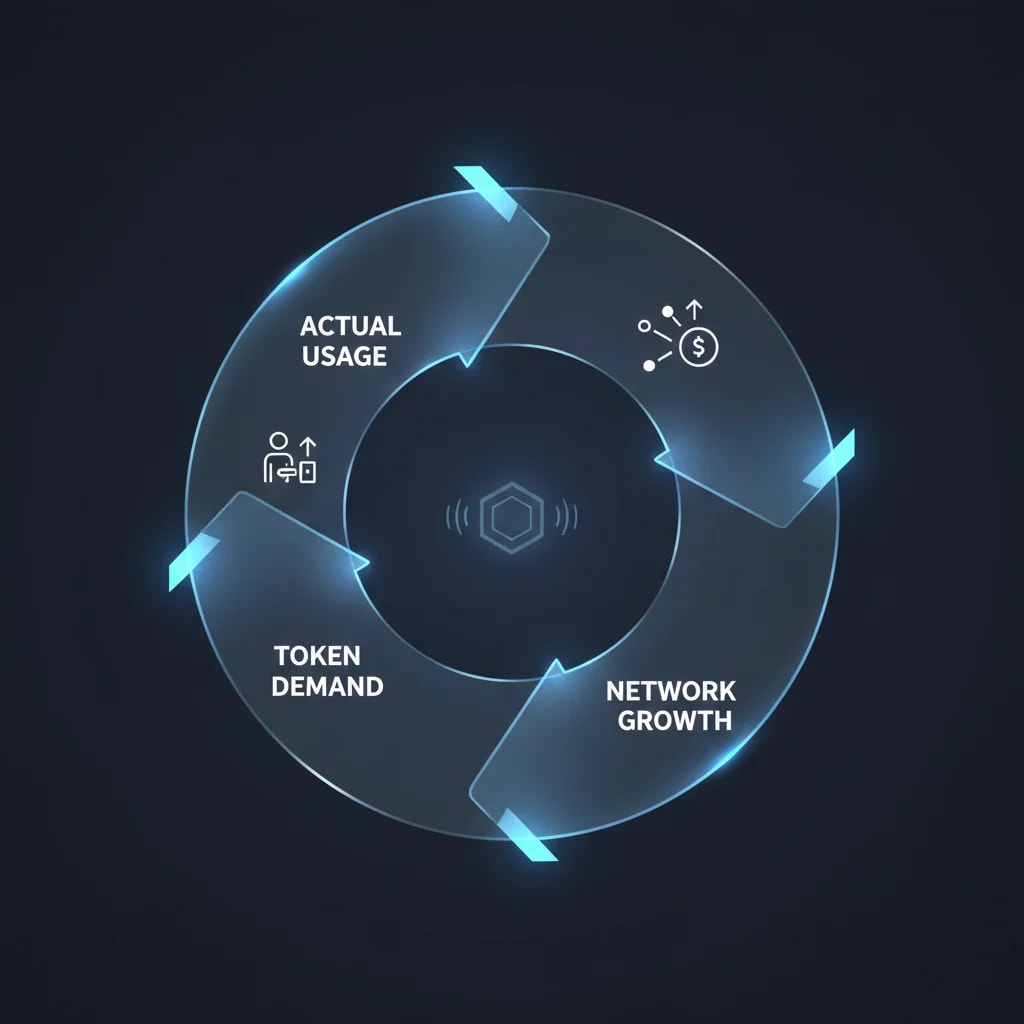 A circular flow diagram showing the sustainable lifecycle of a utility token driven by application usage and network growth.