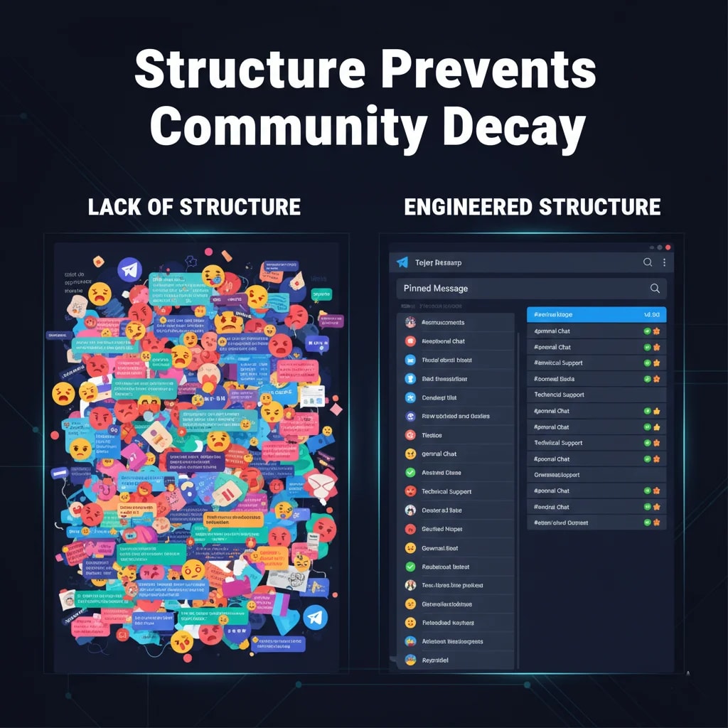 Graphic contrasting chaotic vs. structured Telegram communities. The left shows a disorganized chat (lack of structure), while the right displays an organized chat with clear sections (engineered structure), emphasizing that early structure prevents community decay in Web3.