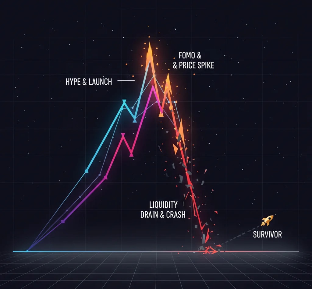 Infographic illustrating the typical memecoin lifecycle, showing a sharp rise from hype to a price spike, followed by a dramatic crash and liquidity drain, with only a small fraction surviving. Keywords: memecoin crash, crypto market cycle, altcoin volatility, speculative assets.