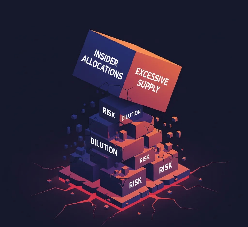 Illustration of unstable tokenomics, showing a top-heavy structure representing "Insider Allocations" and "Excessive Supply" causing the entire system to collapse, highlighting dilution risk. Keywords: flawed tokenomics, memecoin crash reasons, crypto design, supply mechanics, insider selling.