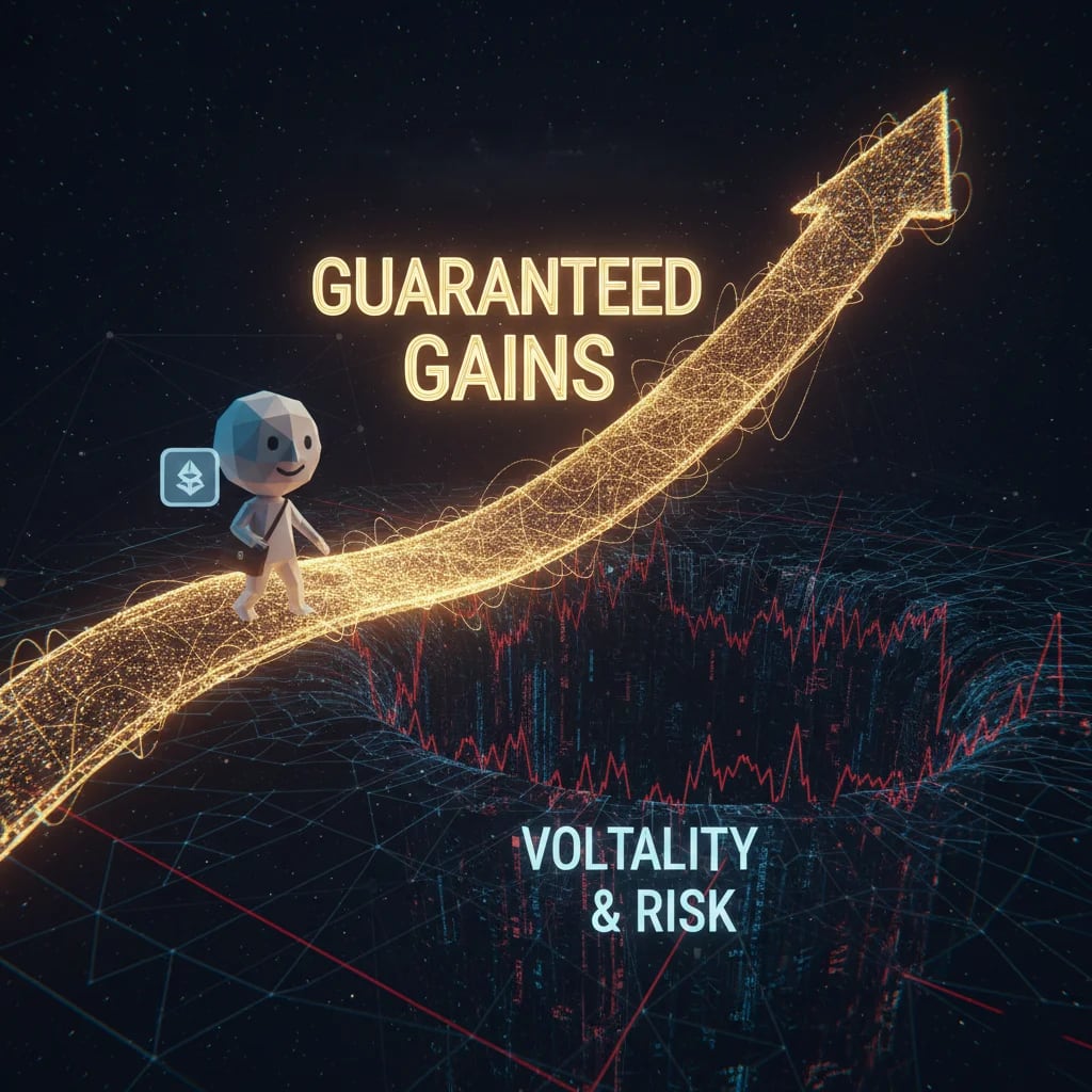 A stylized figure stands on a glowing golden arrow labeled 'GUARANTEED GAINS' that extends over a dark chasm with a red line graph labeled 'VOLATILITY & RISK'. This graphic illustrates the misleading narratives often found in crypto marketing, where high risks are hidden behind promises of easy profits.