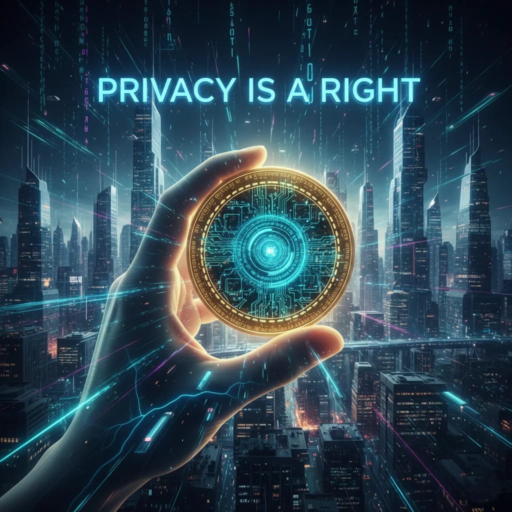 Futuristic digital privacy coin concept representing the right to confidential financial transactions in 2026.
