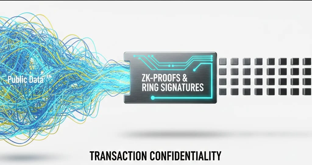 Infographic showing how zero-knowledge proofs and ring signatures transform public blockchain data into confidential transactions.