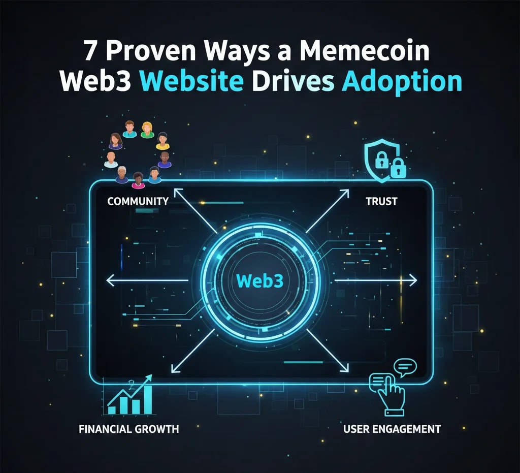 High-quality graphic illustrating a professional Web3 website as a central hub driving memecoin adoption. Features abstract digital lines connecting the website to concepts of community, trust, and growth, with the title "7 Proven Ways a Memecoin Web3 Website Drives Adoption" for SEO.