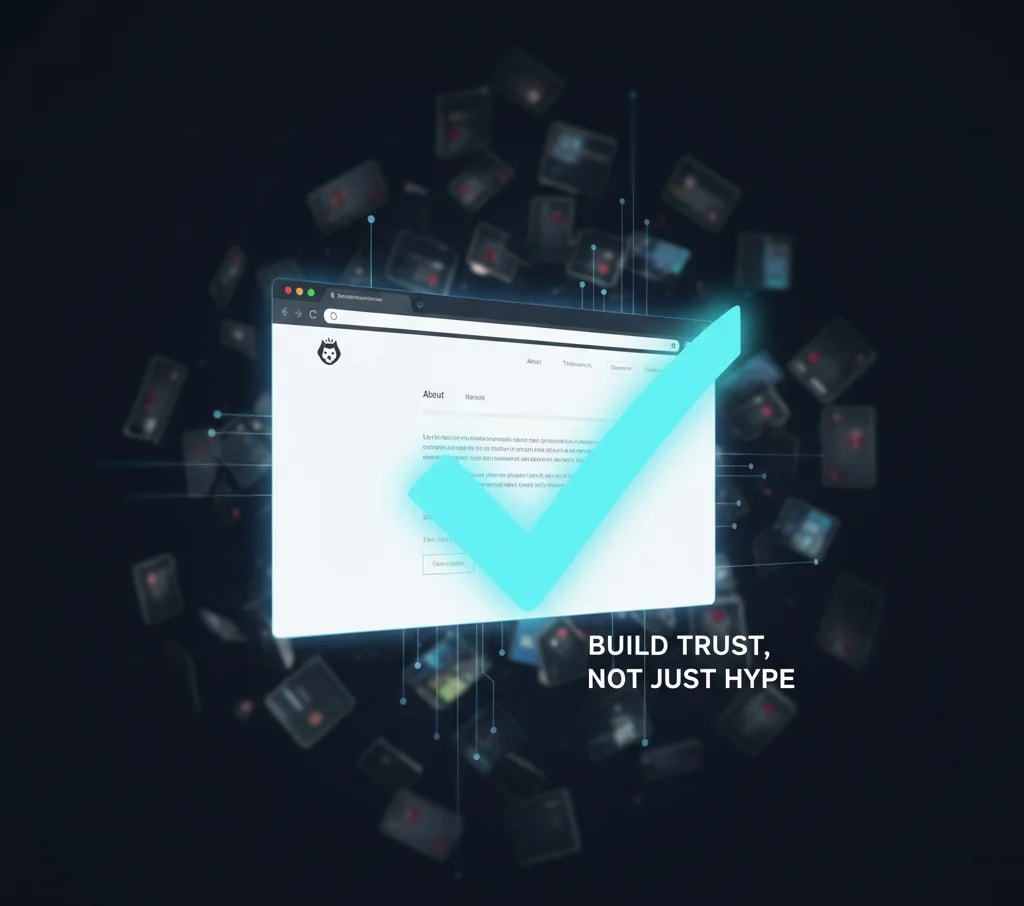 A well-designed memecoin Web3 website establishing credibility with a prominent checkmark, symbolizing trust and legitimacy in the crypto market. Text overlay: Build Trust, Not Just Hype.
