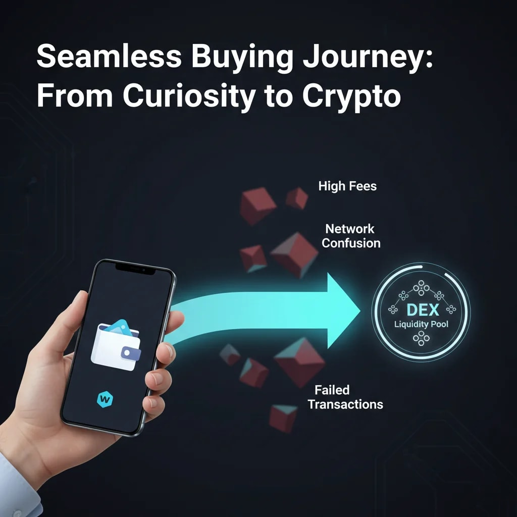 Infographic depicting a seamless user journey from connecting a crypto wallet to buying a meme coin on a decentralized exchange, highlighting reduced friction in the Web3 website experience. Text overlay: Seamless Buying Journey: From Curiosity to Crypto.