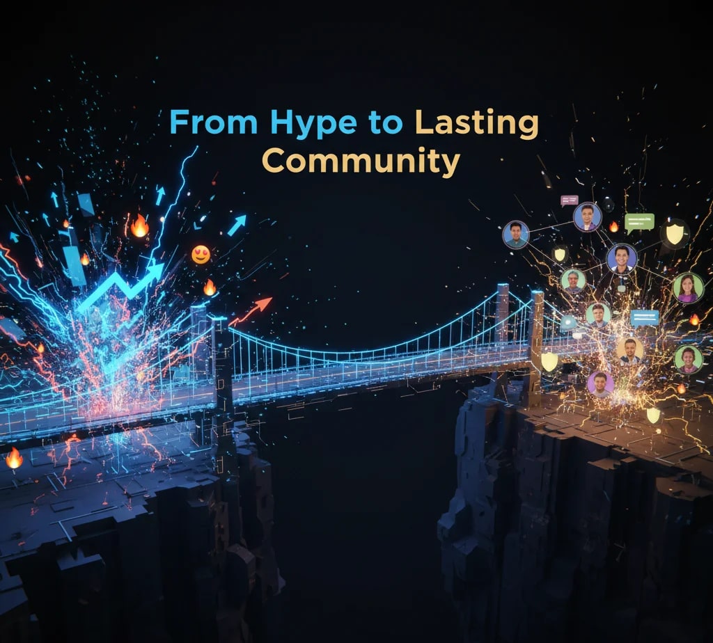 raphic representing a Web3 website as a bridge connecting initial memecoin hype to a strong, engaged community, emphasizing the role of community links and contribution paths. Text overlay: From Hype to Lasting Community.