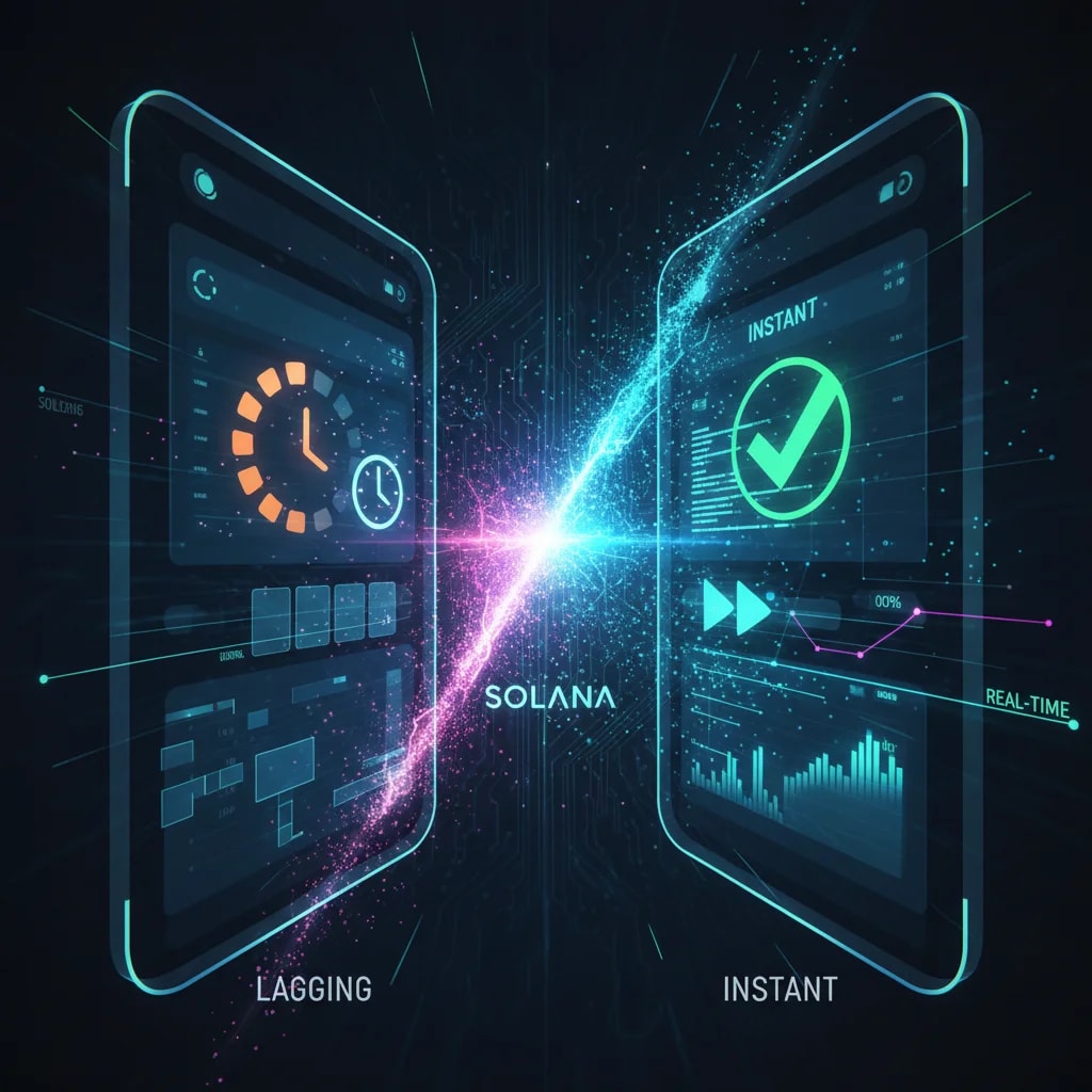 Solana performance graphic: Comparing a slow, loading Web3 app to an instantly responsive, real-time application powered by Solana's high throughput, ideal for interactive dashboards and DeFi