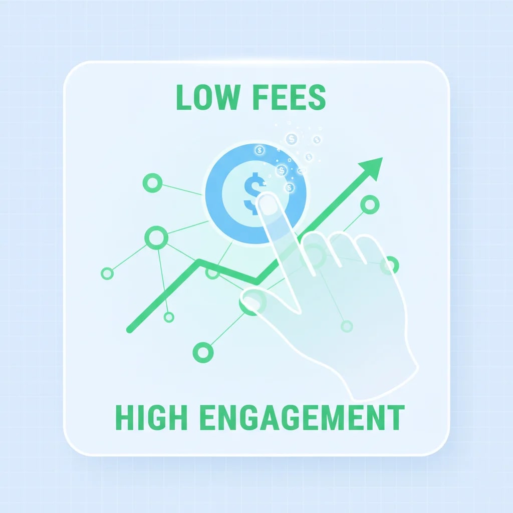Solana low transaction fees graphic: A hand effortlessly clicking a button, symbolizing affordable on-chain interactions that boost user engagement and practical dApp development.