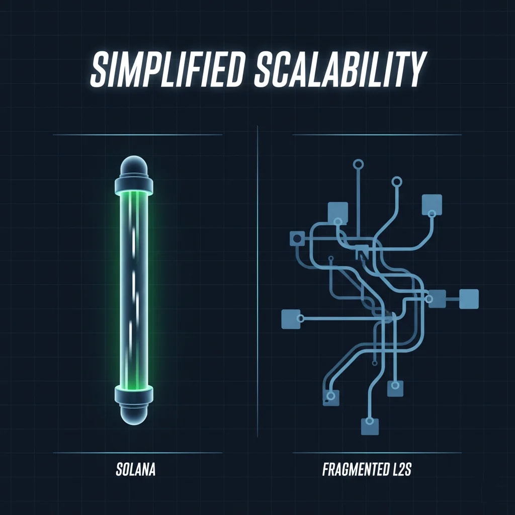 Solana scalability graphic: A streamlined, efficient architecture contrasted with complex, fragmented scaling solutions, highlighting simplified blockchain app development at scale.