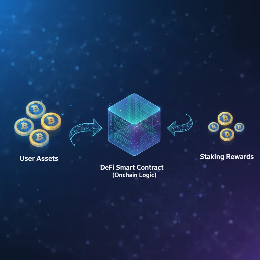 Infographic showing DeFi staking process: user assets locked in a smart contract for transparent, onchain reward distribution.