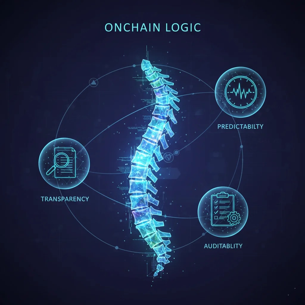 Visual representation of onchain logic as the backbone of DeFi staking rewards, highlighting transparency, predictability, and auditability in smart contracts.