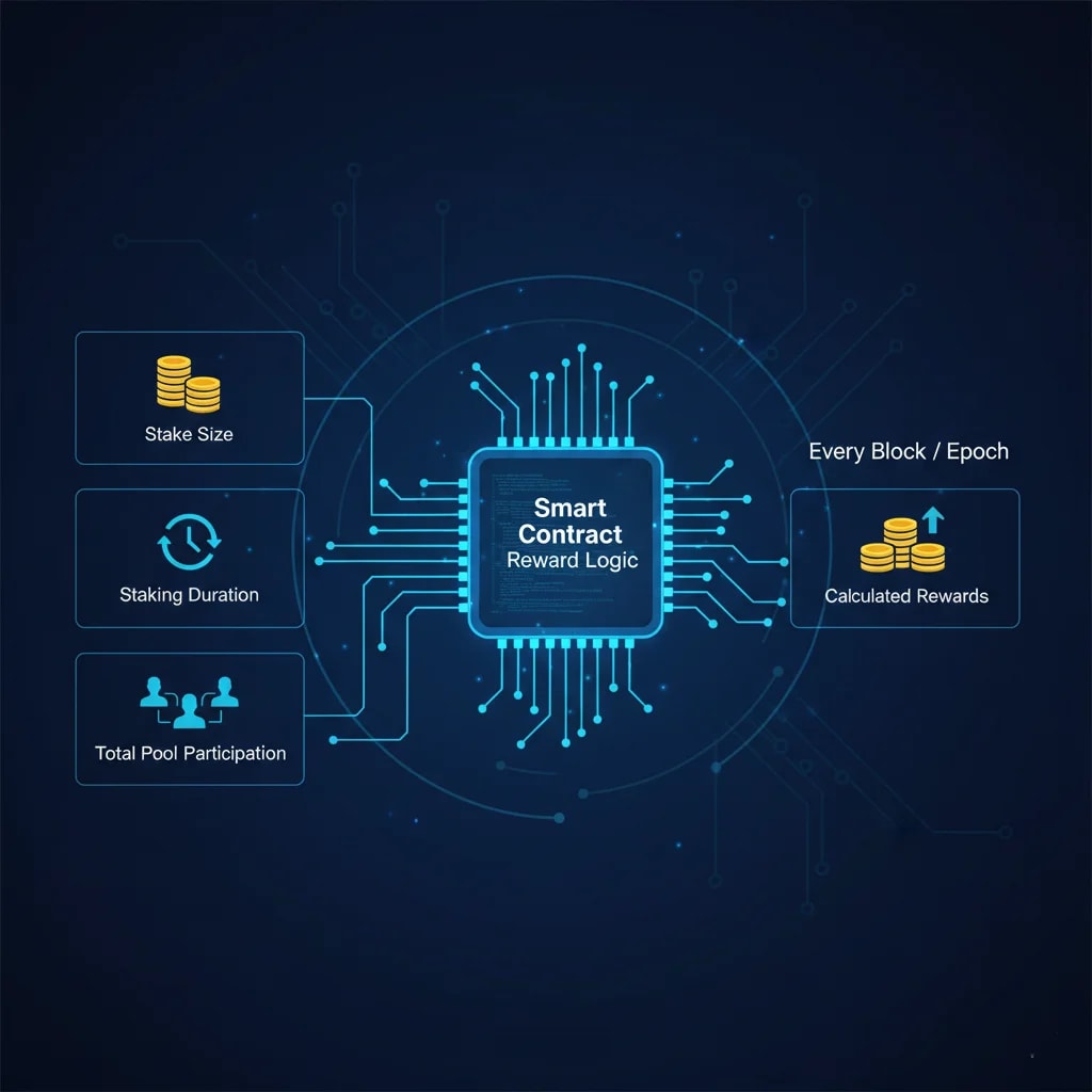 Infographic detailing how DeFi smart contracts calculate staking rewards based on stake size, duration, and pool participation for transparent onchain distribution.