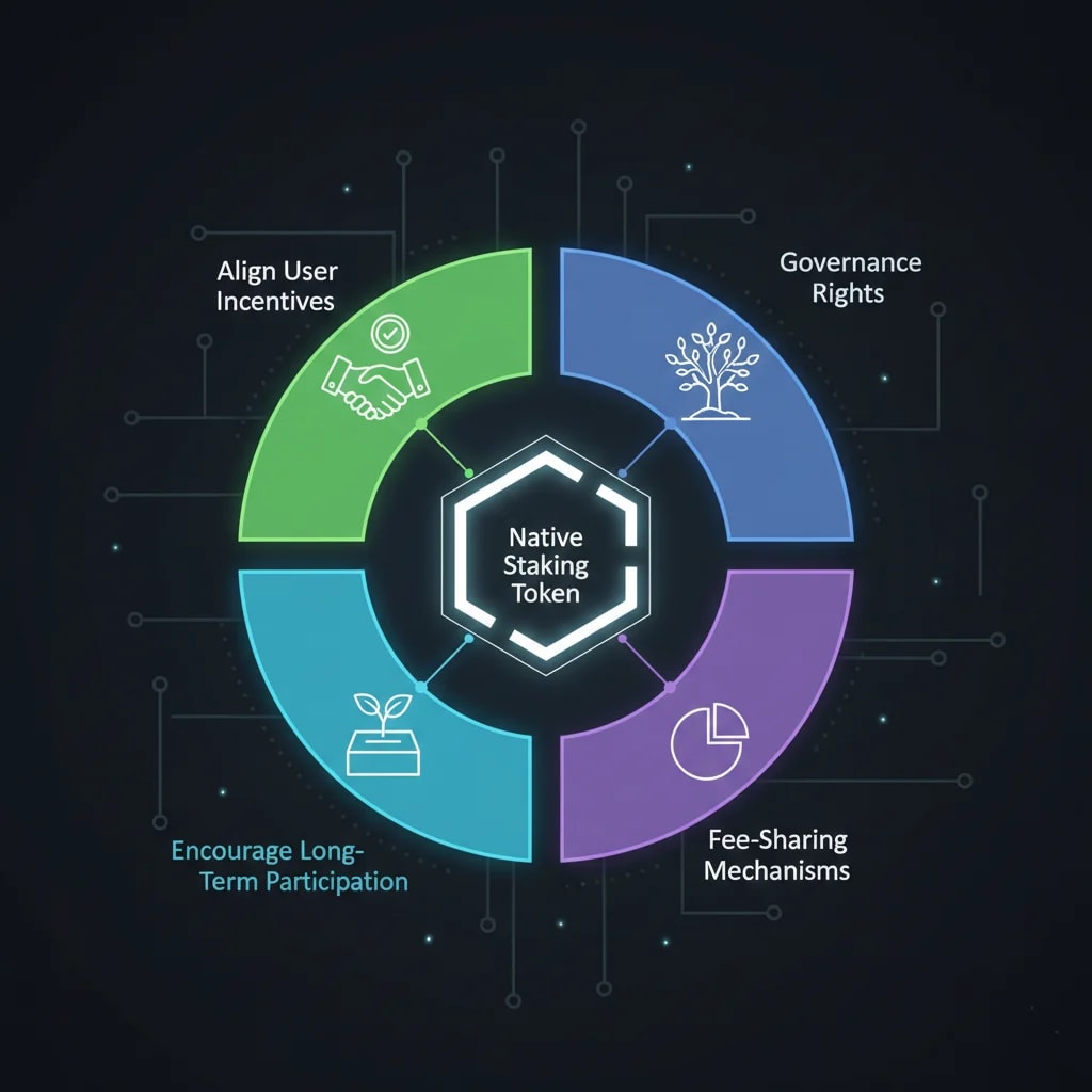 Diagram showing the role of native tokens in DeFi staking systems for incentive alignment, long-term participation, governance, and fee sharing.