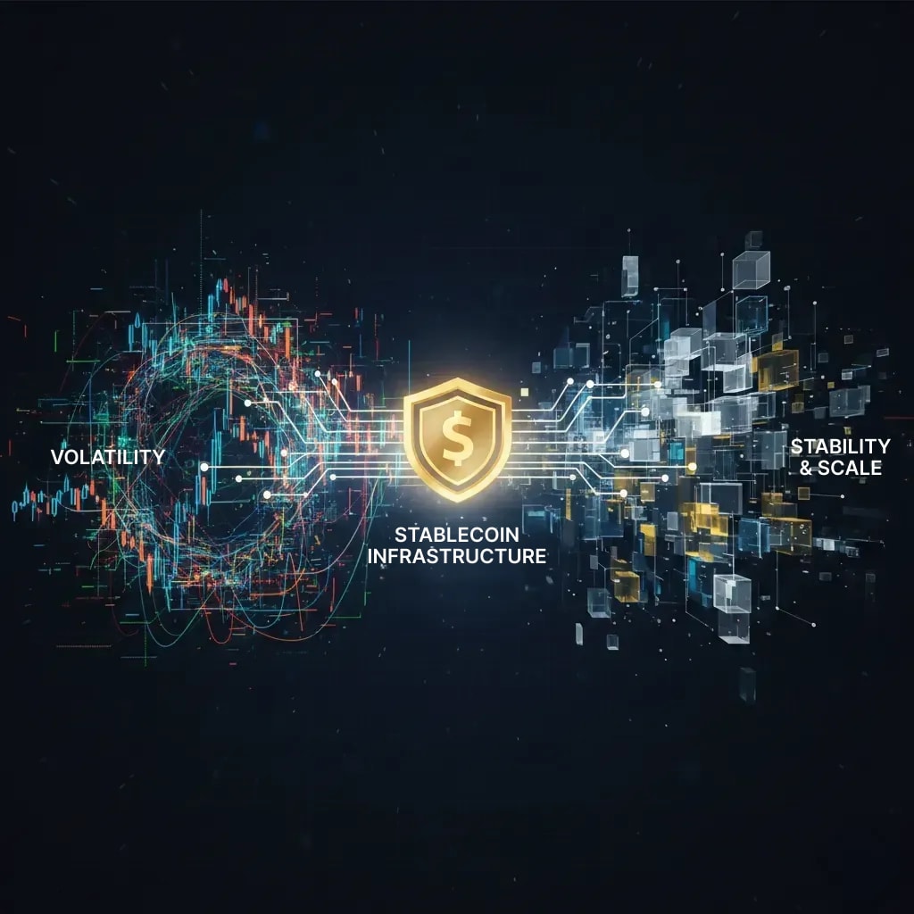 DeFi evolution from market volatility to stability and scale, anchored by stablecoin infrastructure. Abstract digital illustration.