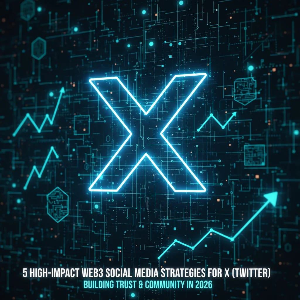 Futuristic neon X logo on a digital blockchain network, illustrating 5 high-impact Web3 social media strategies for X (Twitter) to build trust and community in 2026 for crypto projects.