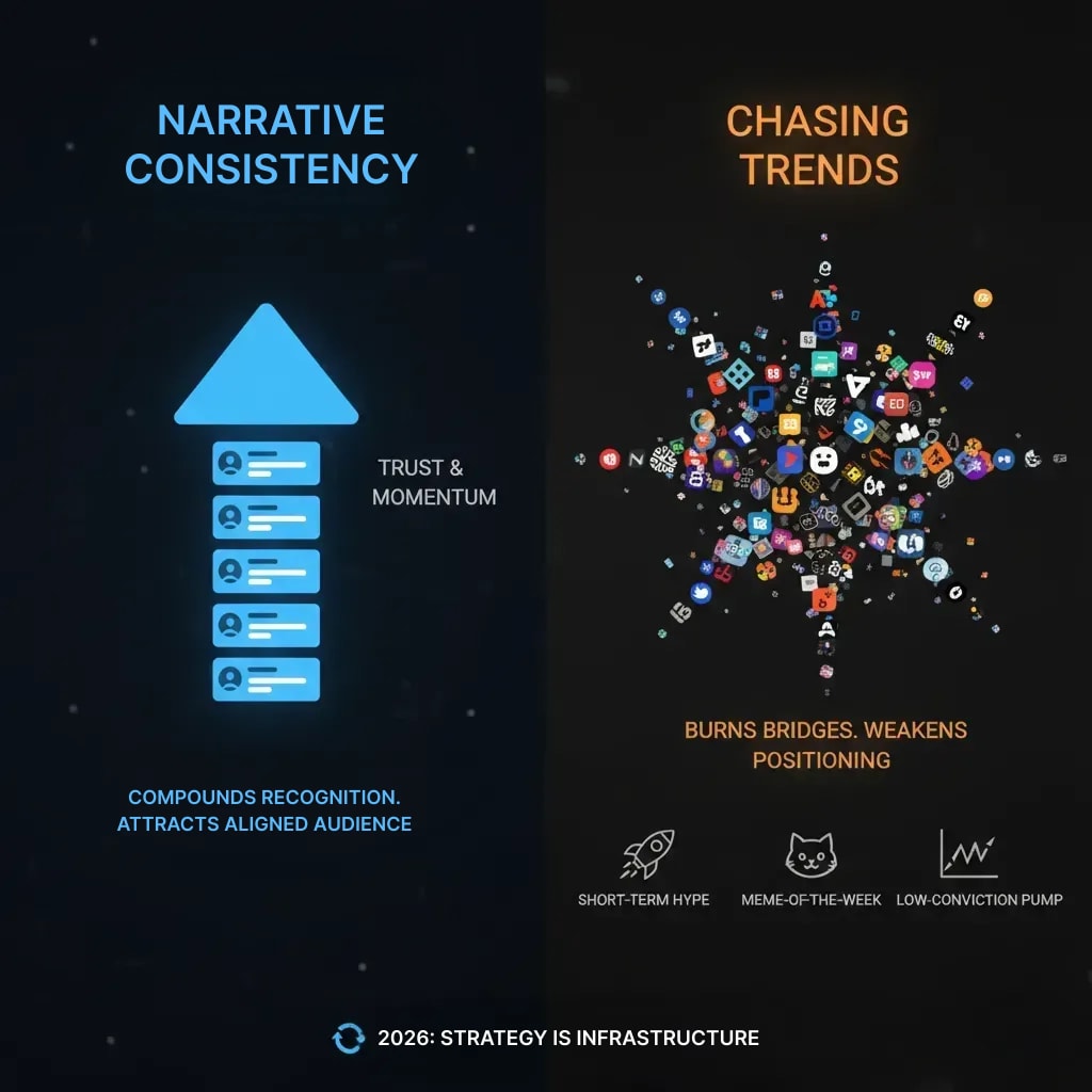 Infographic contrasting narrative consistency (building trust, attracting aligned audience) with chasing trends (short-term hype, weakened positioning) in Web3 social media strategy for 2026.