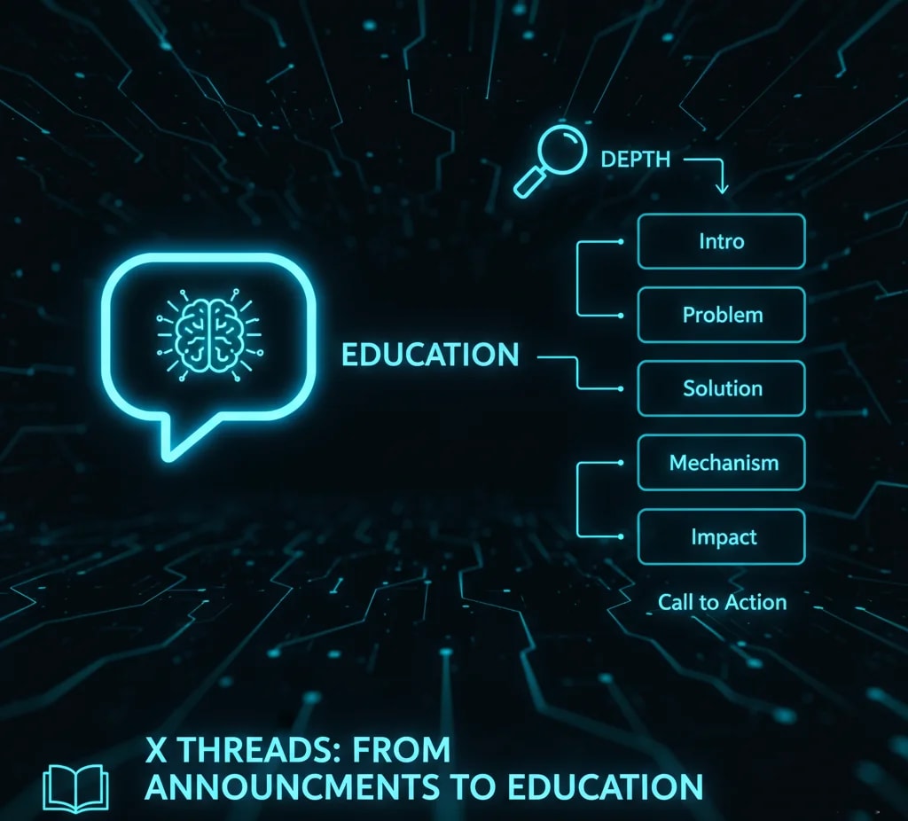 Infographic showing an X (Twitter) thread as an educational tool, breaking down complex topics into sequential cards, emphasizing depth and knowledge sharing for Web3 projects