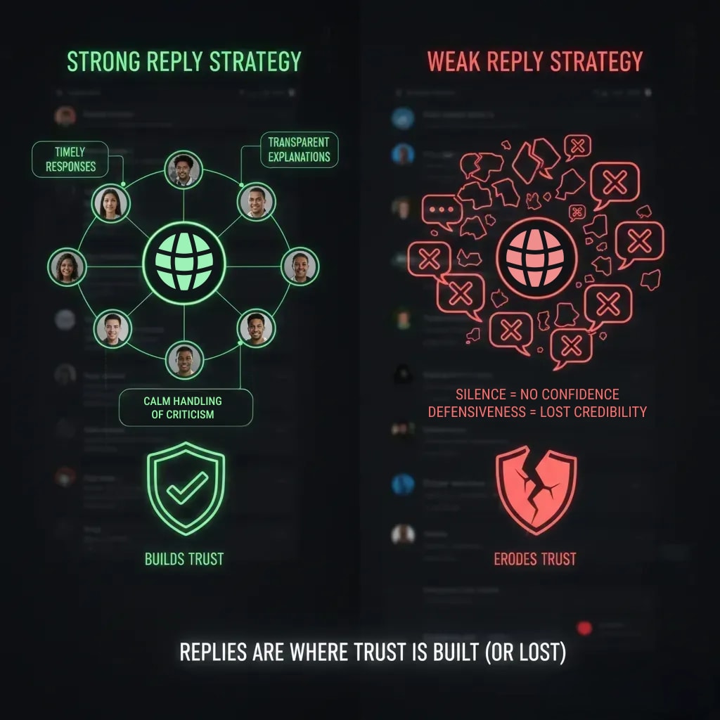Infographic contrasting strong reply strategy (timely, transparent, calm) which builds trust, with weak reply strategy (silence, defensiveness) which erodes trust for Web3 projects on X.