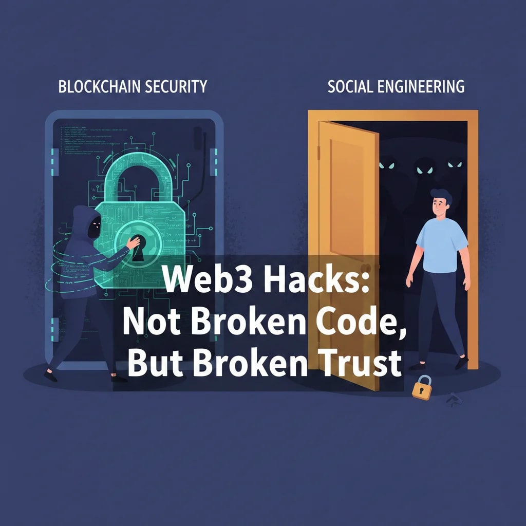 Illustration contrasting complex blockchain code with an open, unguarded door, emphasizing that most Web3 hacks exploit human trust and social engineering, not cryptographic flaws. Digital security vs human vulnerability.