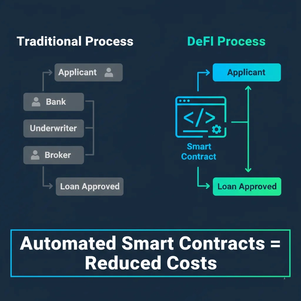 Comparison graphic showing traditional loan processes with multiple intermediaries versus DeFi's automated smart contract process, highlighting "Automated Smart Contracts = Reduced Costs."