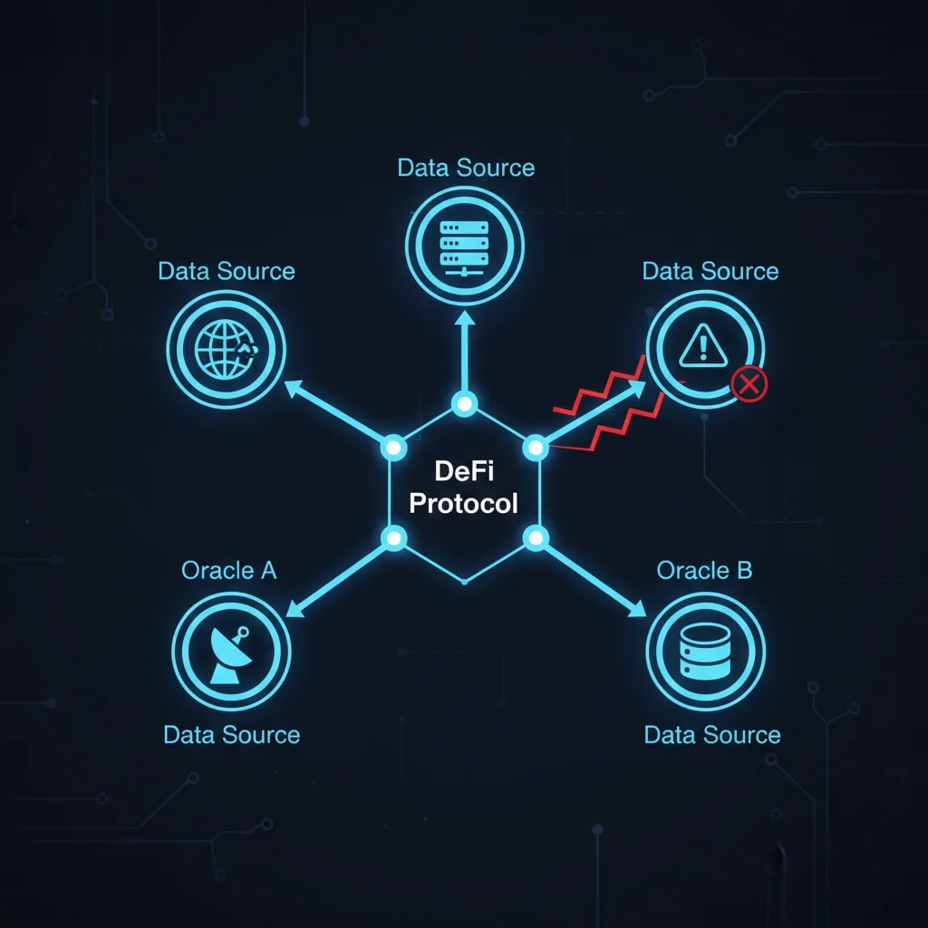 Conceptual diagram illustrating multiple external data sources feeding into a DeFi protocol via redundant oracles, emphasizing the importance of oracle security.