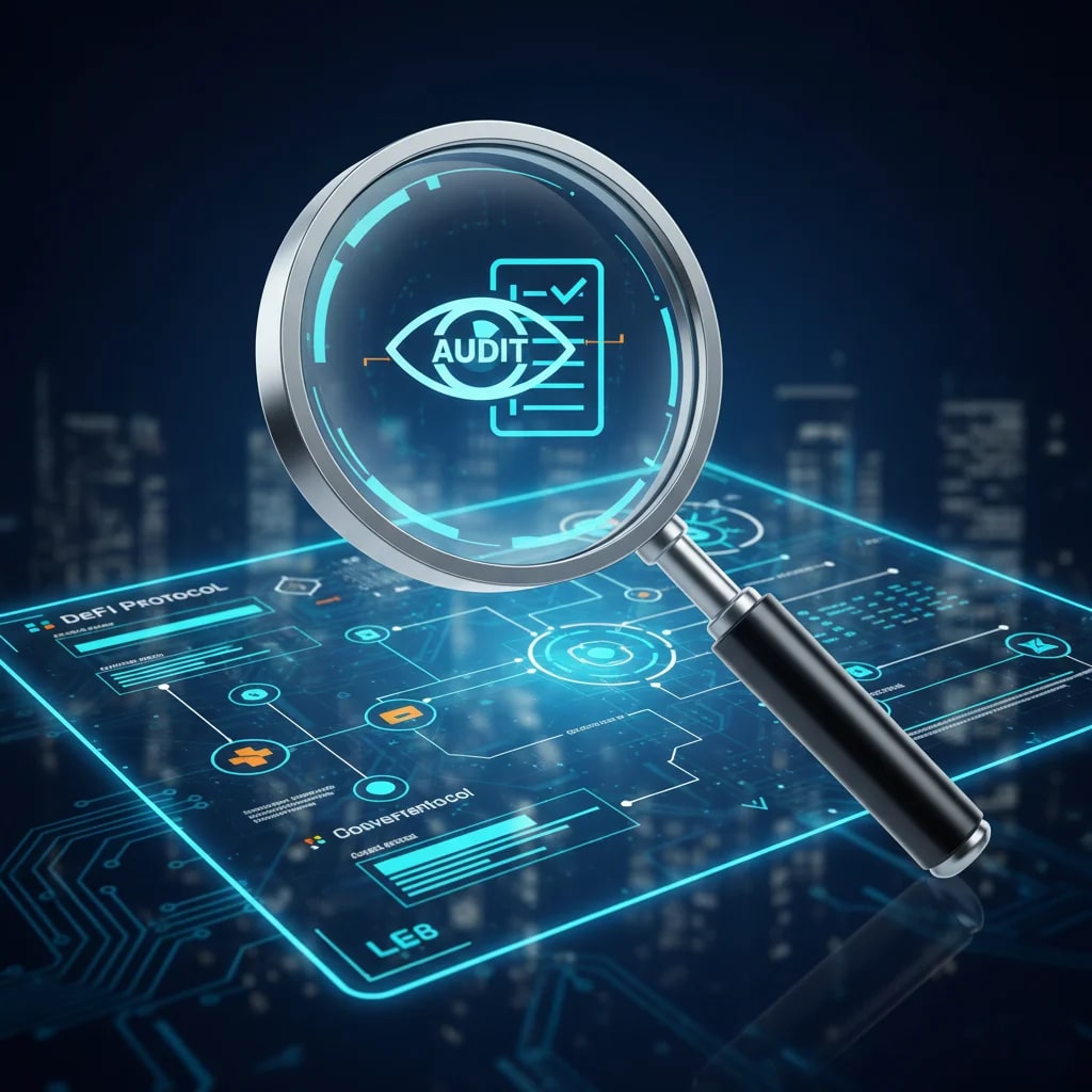 Symbolic digital illustration of a magnifying glass examining a DeFi protocol blueprint, representing an external security audit and independent expert review.