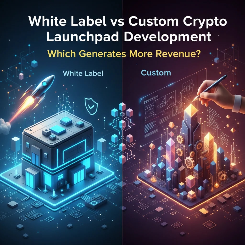 Infographic comparing white label and custom crypto launchpad development models, highlighting differences in speed, cost, and customization for revenue generation.