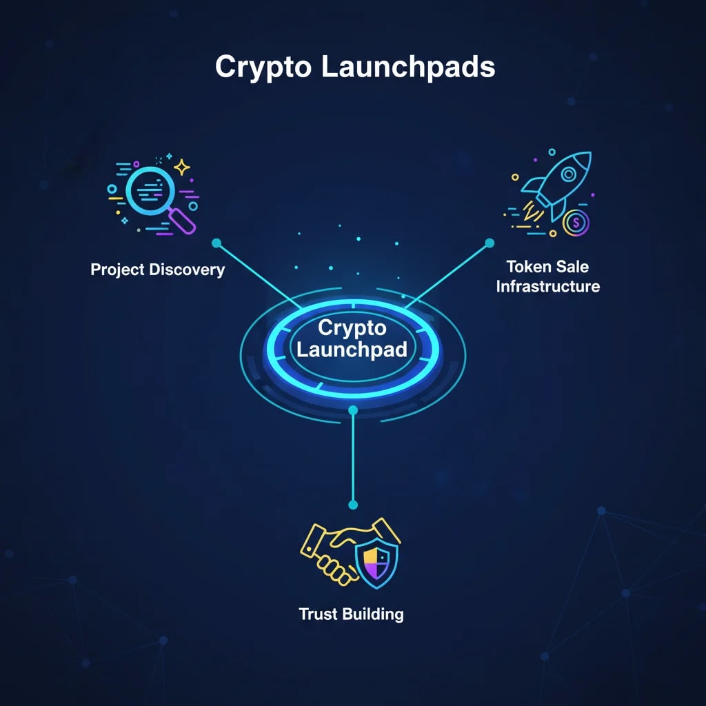 Infographic explaining the central role of crypto launchpads in the ecosystem for project discovery, token sales, and building trust.