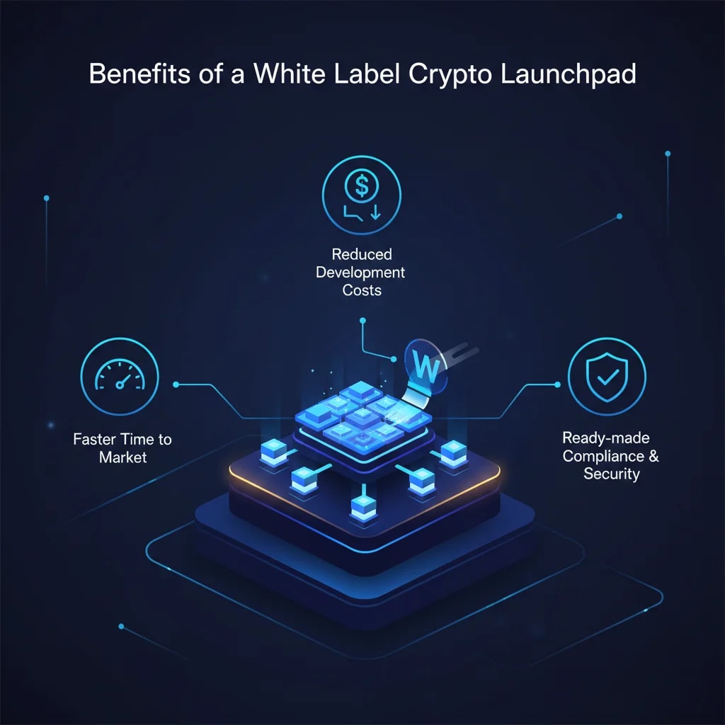 Infographic detailing the advantages of a white label crypto launchpad, including faster time to market, reduced costs, and built-in compliance and security.
