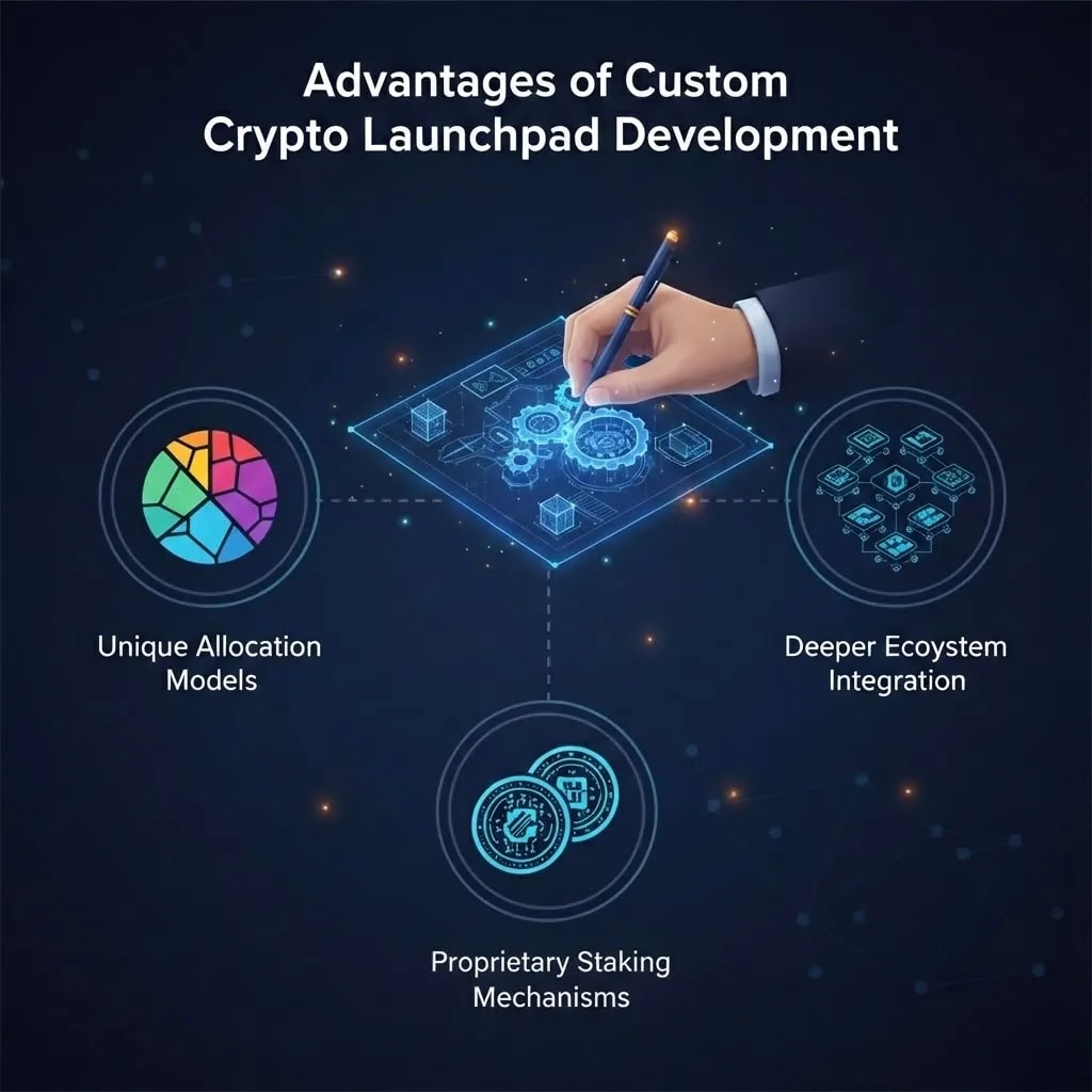 Infographic explaining how custom crypto launchpad development allows for unique features, proprietary staking, and deeper ecosystem integration for differentiation.