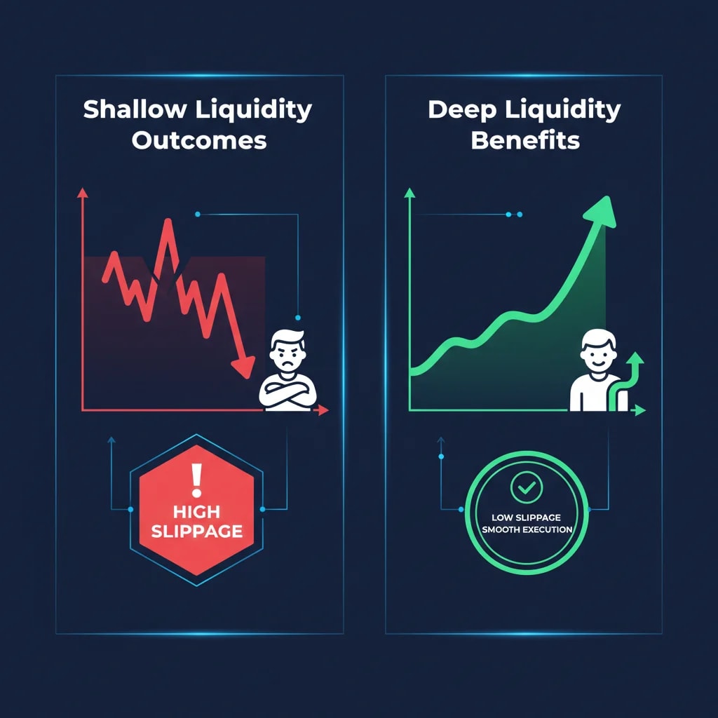 Infographic demonstrating the consequences of shallow liquidity (high slippage, unpredictable prices, low confidence) versus the benefits of deep liquidity (smooth execution, stable pricing, increased volume) on DEX performance.