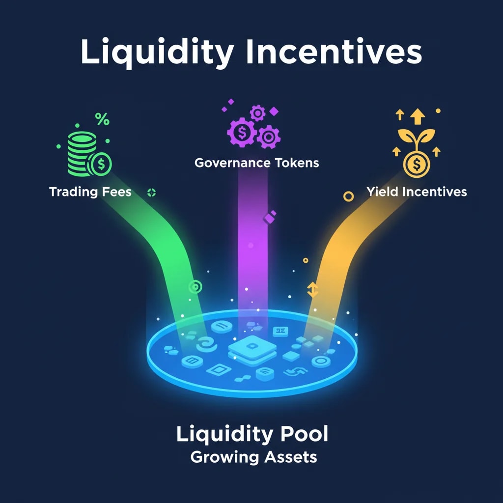 Graphic depicting common liquidity incentives for decentralized exchanges, including trading fee sharing, governance tokens, and yield incentives, attracting capital to liquidity pools.