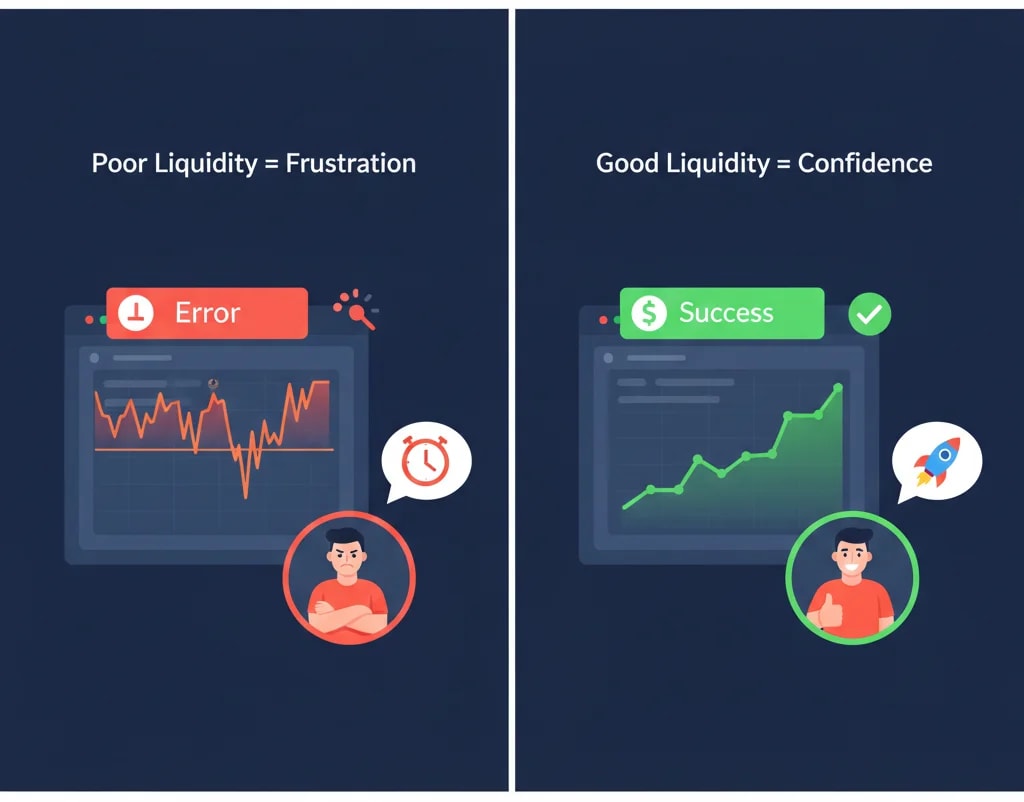llustration contrasting user experience on DEXs with poor liquidity (frustration, slow trades) versus good liquidity (fast execution, predictability, high user trust and adoption).