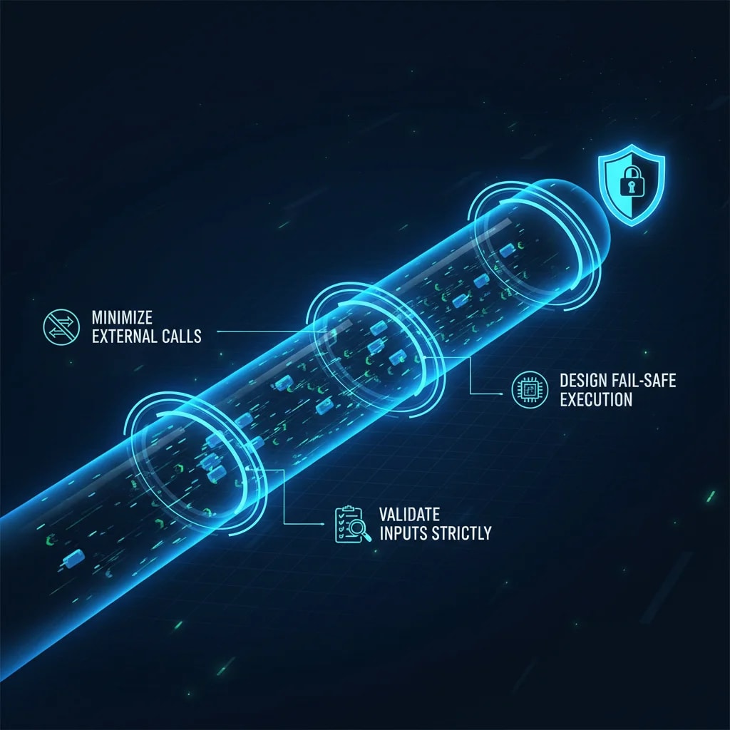 A secure digital tunnel illustrating best practices for blockchain transaction safety: minimizing external calls, strict input validation, and fail-safe execution paths.