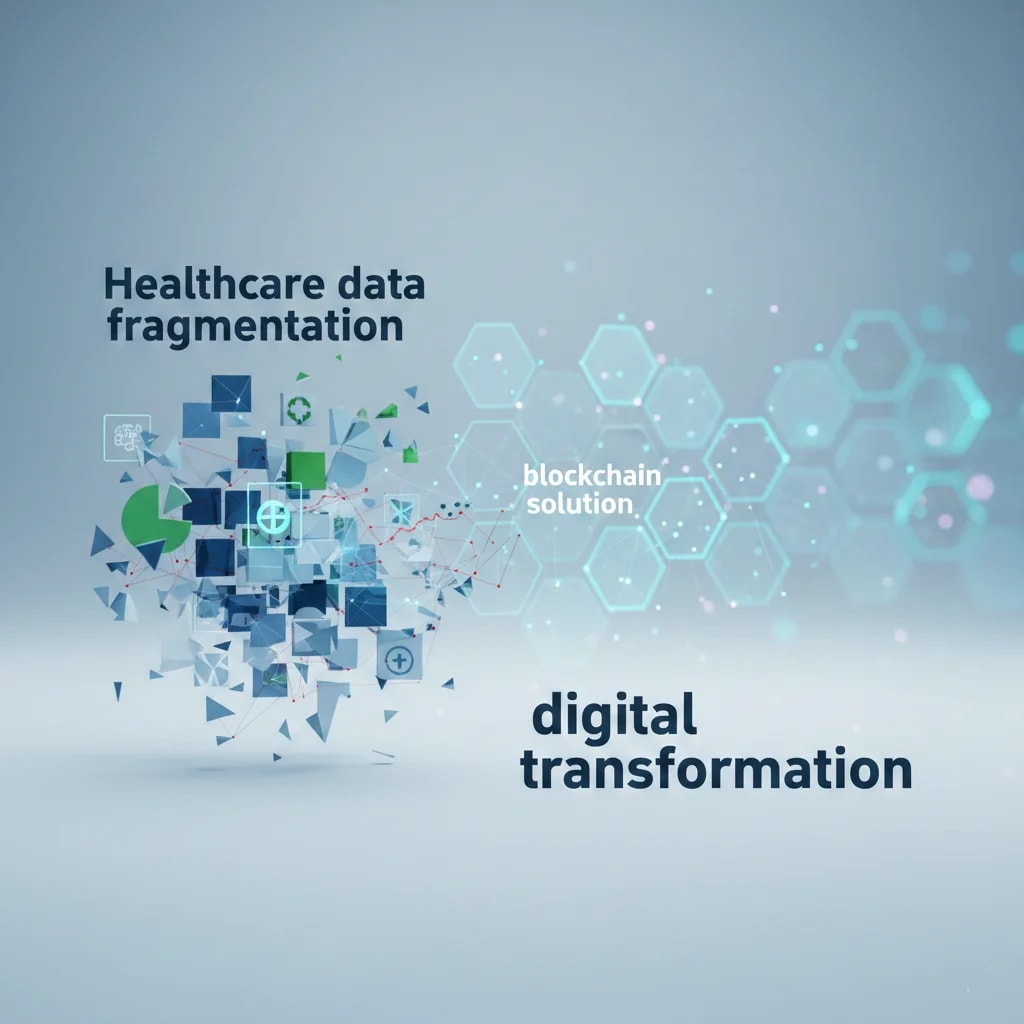 Illustration depicting fragmented healthcare data struggling for connectivity, with a blockchain network subtly emerging in the background as a unifying solution for digital transformation in healthcare.