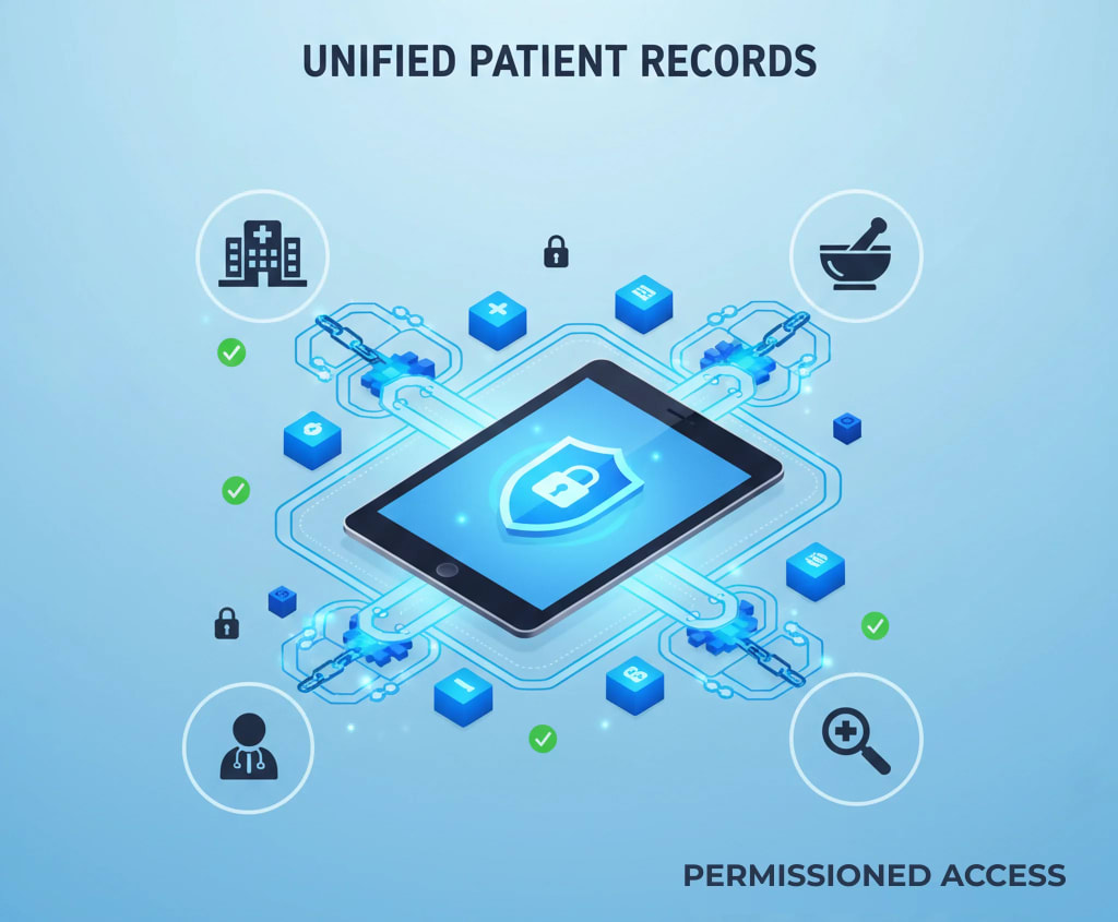 Secure patient records managed by blockchain, showing unified medical data accessible to authorized healthcare providers through a permissioned and secure network.