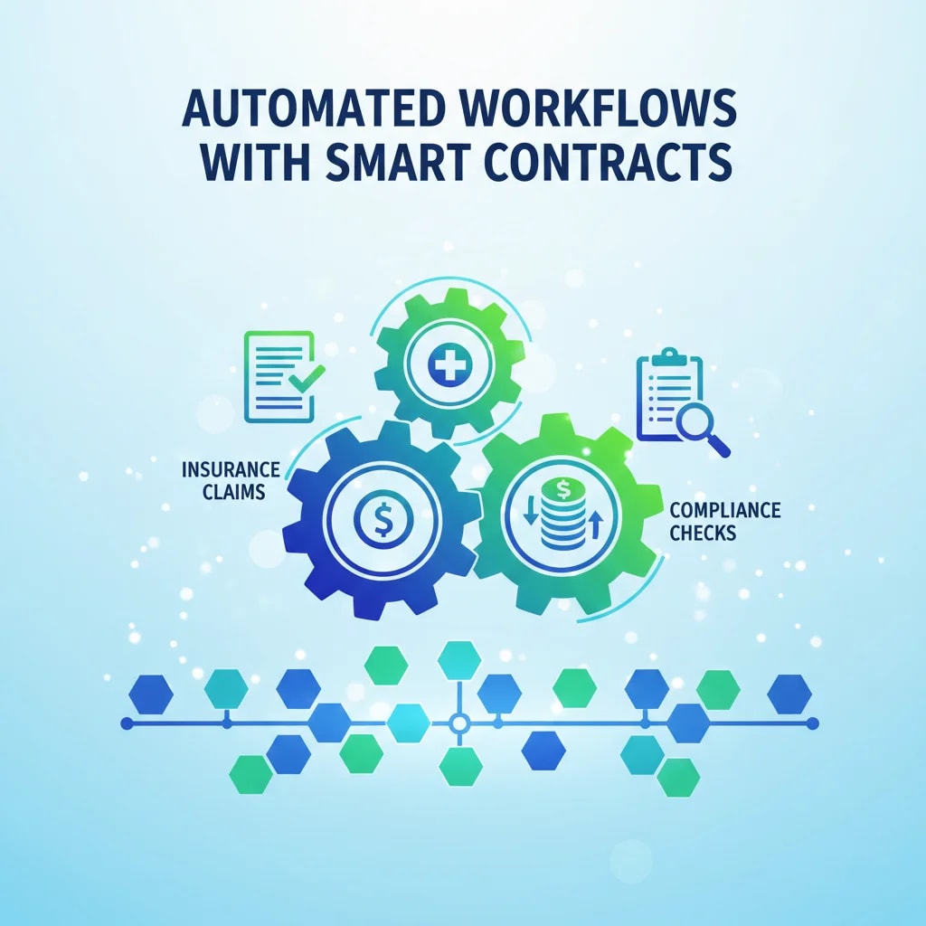 Graphic illustrating smart contracts automating healthcare workflows, including insurance claim validation and payment settlements, driven by blockchain technology for efficiency.