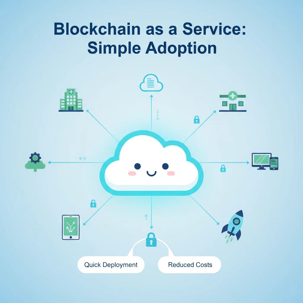 Blockchain as a Service (BaaS) simplifying adoption for healthcare providers, showing easy and quick deployment of blockchain solutions to reduce infrastructure costs.