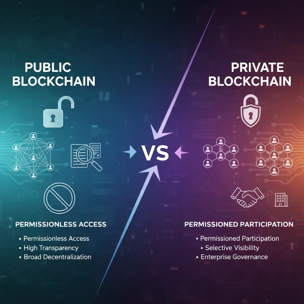Infographic comparing public blockchain (permissionless, transparent) with private blockchain (permissioned, governed) for enterprise use cases.