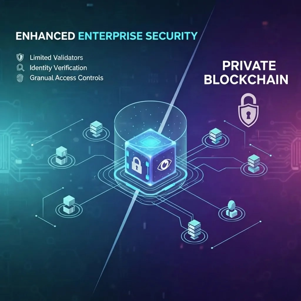 Infographic comparing public blockchain (permissionless, transparent) with private blockchain (permissioned, governed) for enterprise use cases.