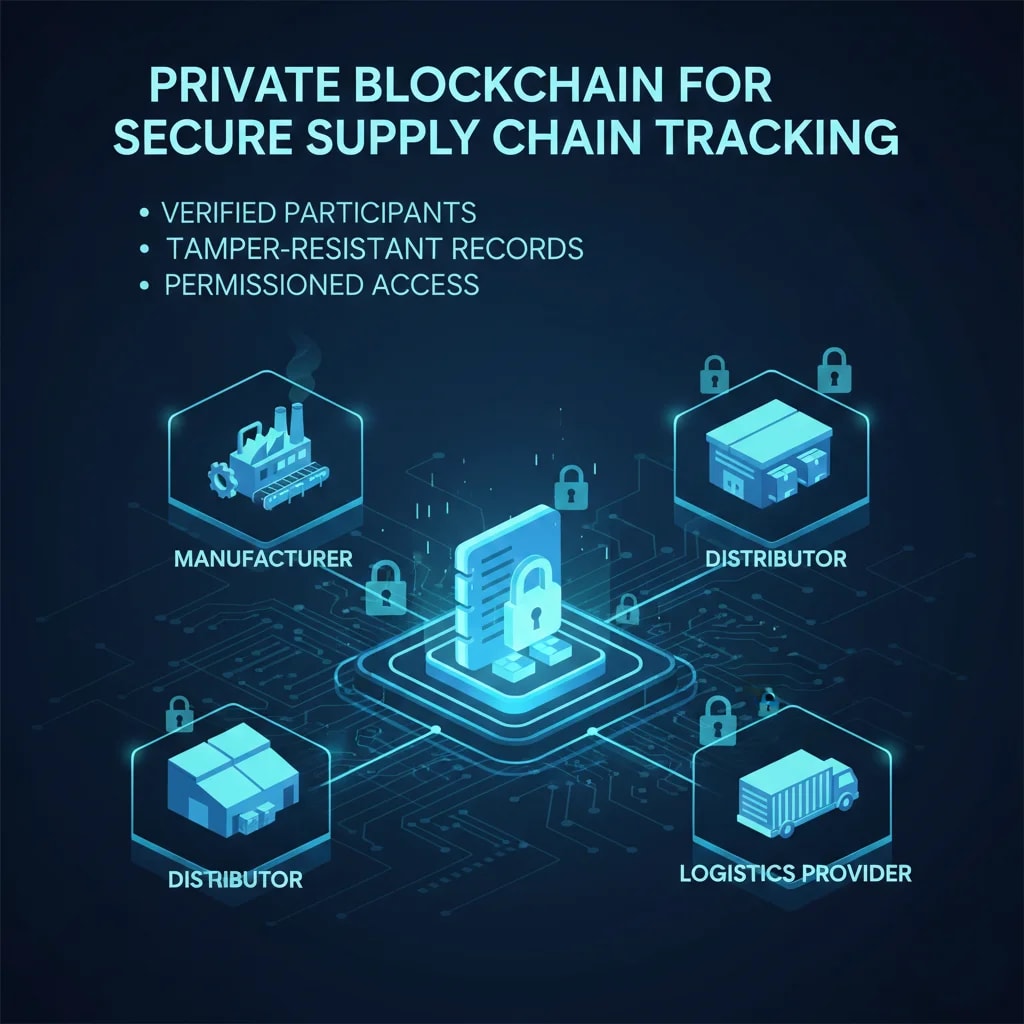 Diagram showing a private blockchain securing a supply chain with verified participants, tamper-resistant records, and permissioned access.