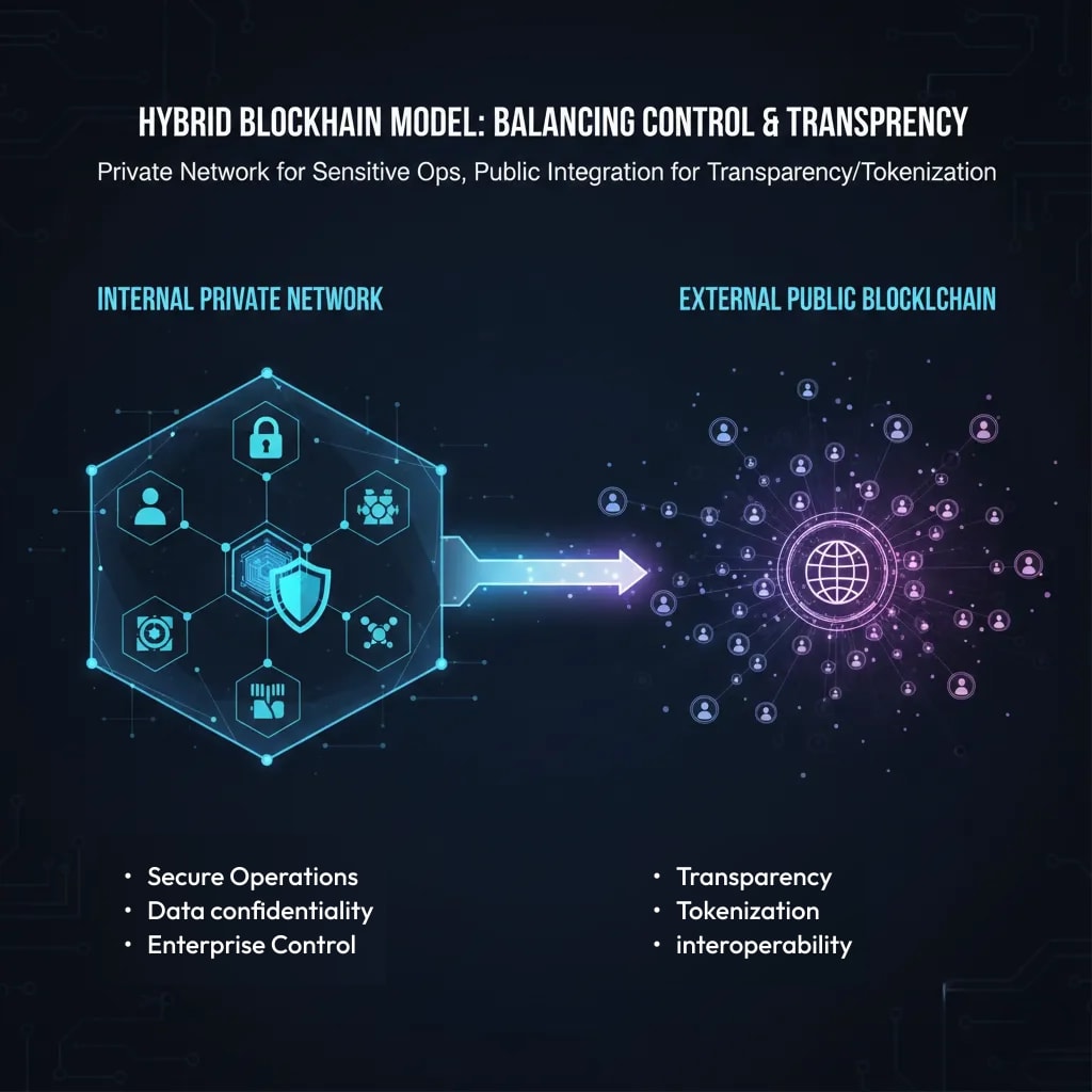 Diagram of a hybrid blockchain model, showing a private network for internal operations connected to a public blockchain for transparency and tokenization.