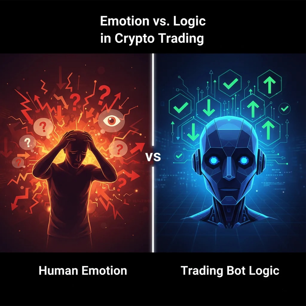 Visual comparison showing the contrast between human emotional trading (fear, greed) and logical, disciplined execution by a crypto trading bot, highlighting risk reduction. SEO: eliminate emotional trading, crypto automation, disciplined trading.
