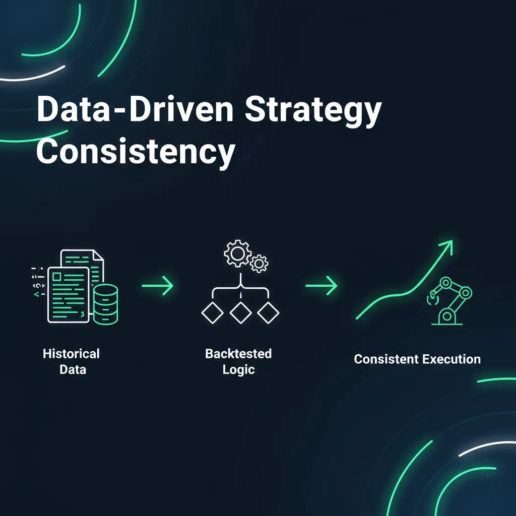 Infographic showing how crypto trading bots ensure strategy consistency through data-driven execution, backtested logic, and predefined capital allocation for reliable performance. SEO: consistent crypto strategy, data-driven trading, backtesting trading bots.