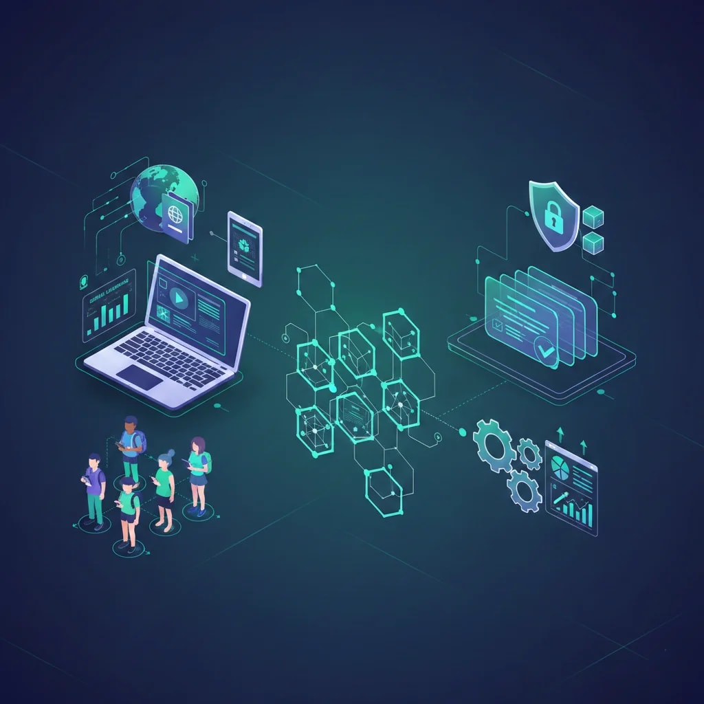 Illustration depicting the intersection of blockchain technology and education, showing digital learning, global credentials, secure data, and efficient systems connected by a blockchain network.
