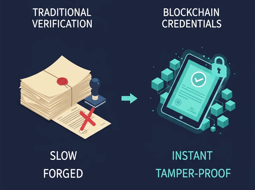Graphic comparing traditional paper-based academic credential verification with secure, instant, and tamper-proof blockchain-based digital certificates, highlighting real-world adoption.