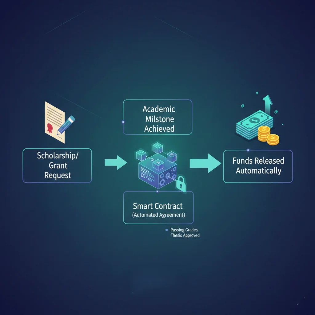 Illustration of a smart contract in educational funding, showing automated scholarship or grant release triggered by academic milestones, increasing transparency and fairness.